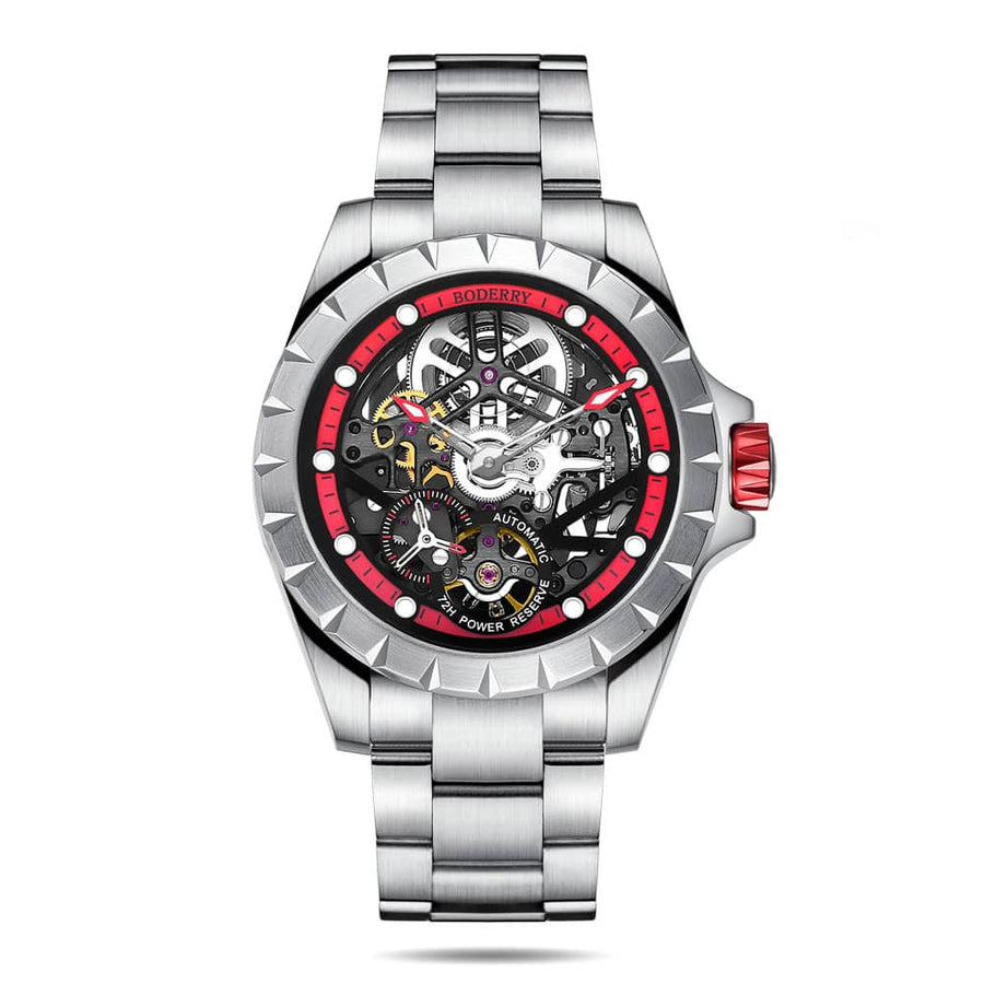 Boderry Watch Co. WINDMILL - Original Skeleton Hi-beat(28,800 bph) with 72 hrs Power-reserve Automatic Watch | Red Dial & Bracelet