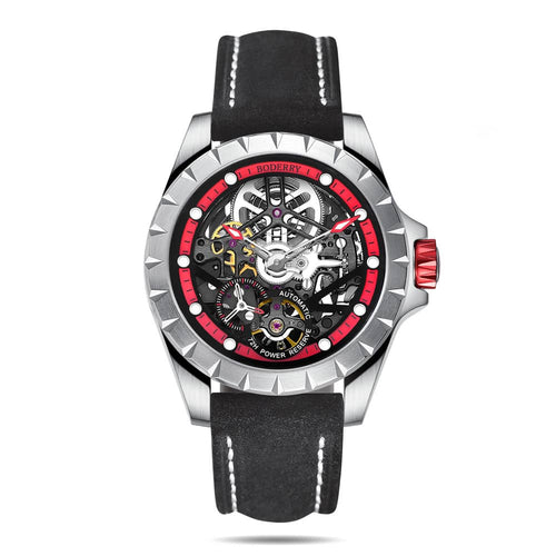 Boderry Watch Co. WINDMILL - Original Skeleton Hi-beat(28,800 bph) with 72 hrs Power-reserve Automatic Watch | Red Dial & Leather Strap
