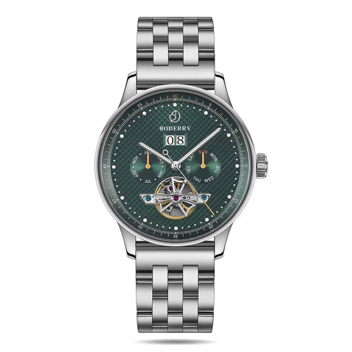 Boderry Watch Co. THE CHECKMATE - Complication Automatic Watch with Date,Day,Month Display -Emerald & Bracelet