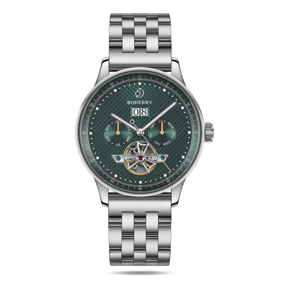 Boderry Watch Co. THE CHECKMATE - Complication Automatic Watch with Date,Day,Month Display -Emerald & Bracelet