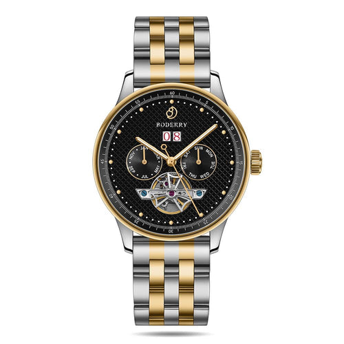 Boderry Watch Co. THE CHECKMATE - Complication Automatic Watch with Date,Day,Month Display -Gold Black & Two Tone Bracelet
