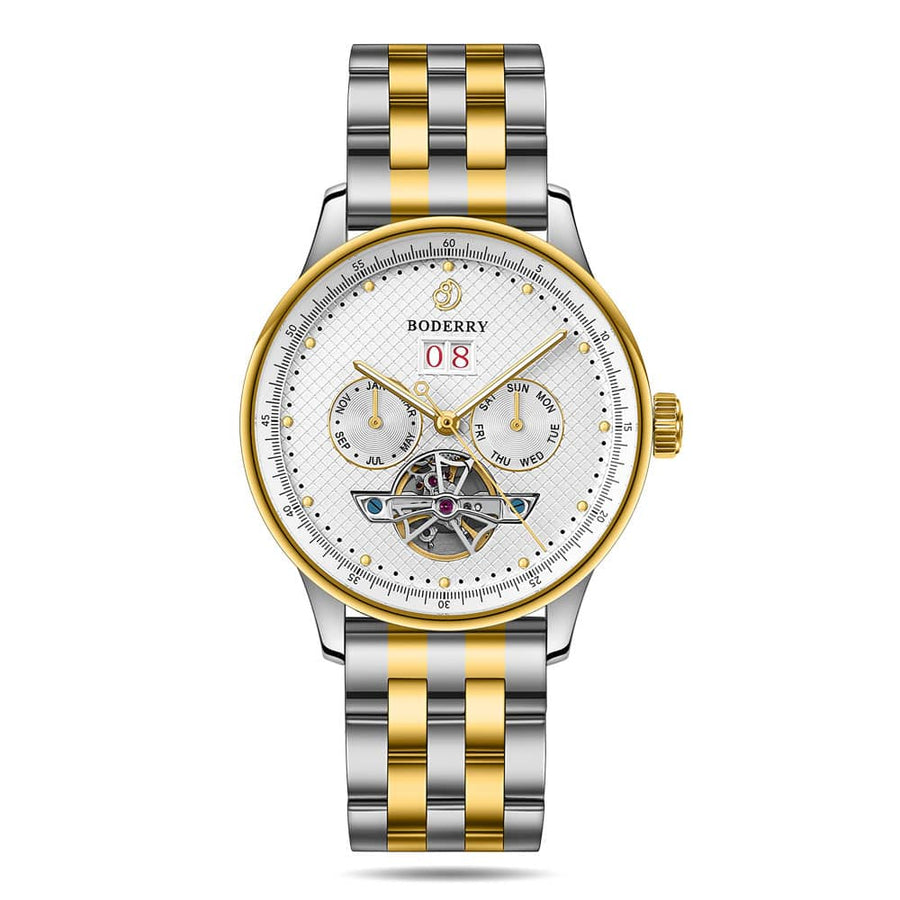 Boderry Watch Co. THE CHECKMATE - Complication Automatic Watch with Date,Day,Month Display -White Gold & Two Tone Bracelet