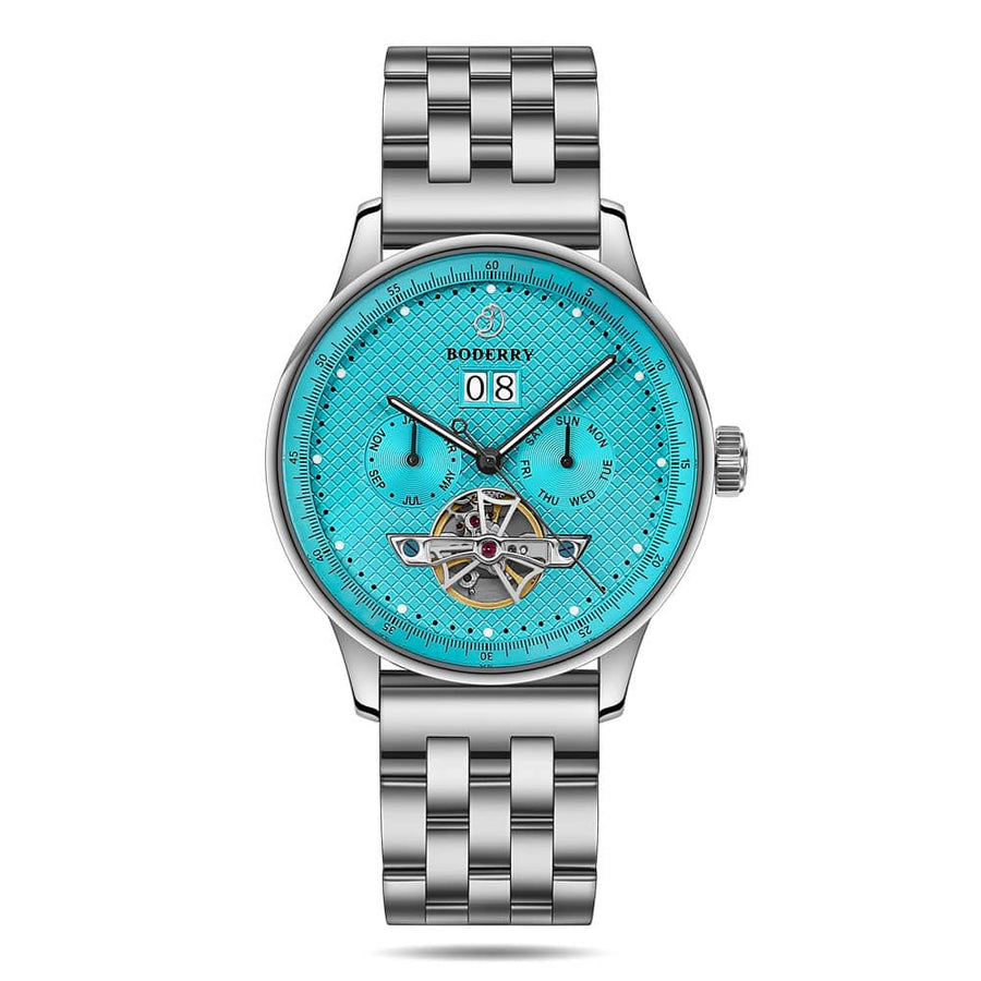Boderry Watch Co. THE CHECKMATE - Complication Automatic Watch with Date,Day,Month Display -Turquoise & Bracelet
