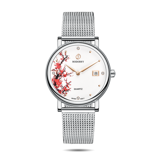 Boderry Watch Co. FLOWER - Swiss Quartz Movement Watch | Silver & Plum Blossom
