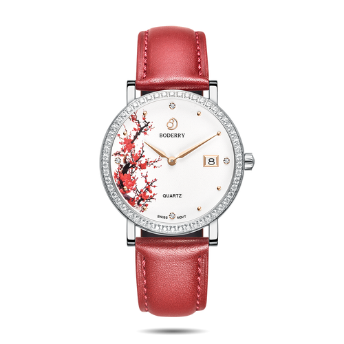 Boderry Watch Co. FLOWER - Swiss Quartz Movement Watch | Silver & Plum Blossom