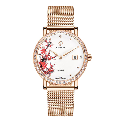 Boderry Watch Co. FLOWER - Swiss Quartz Movement Watch | Rose Gold & Plum Blossom
