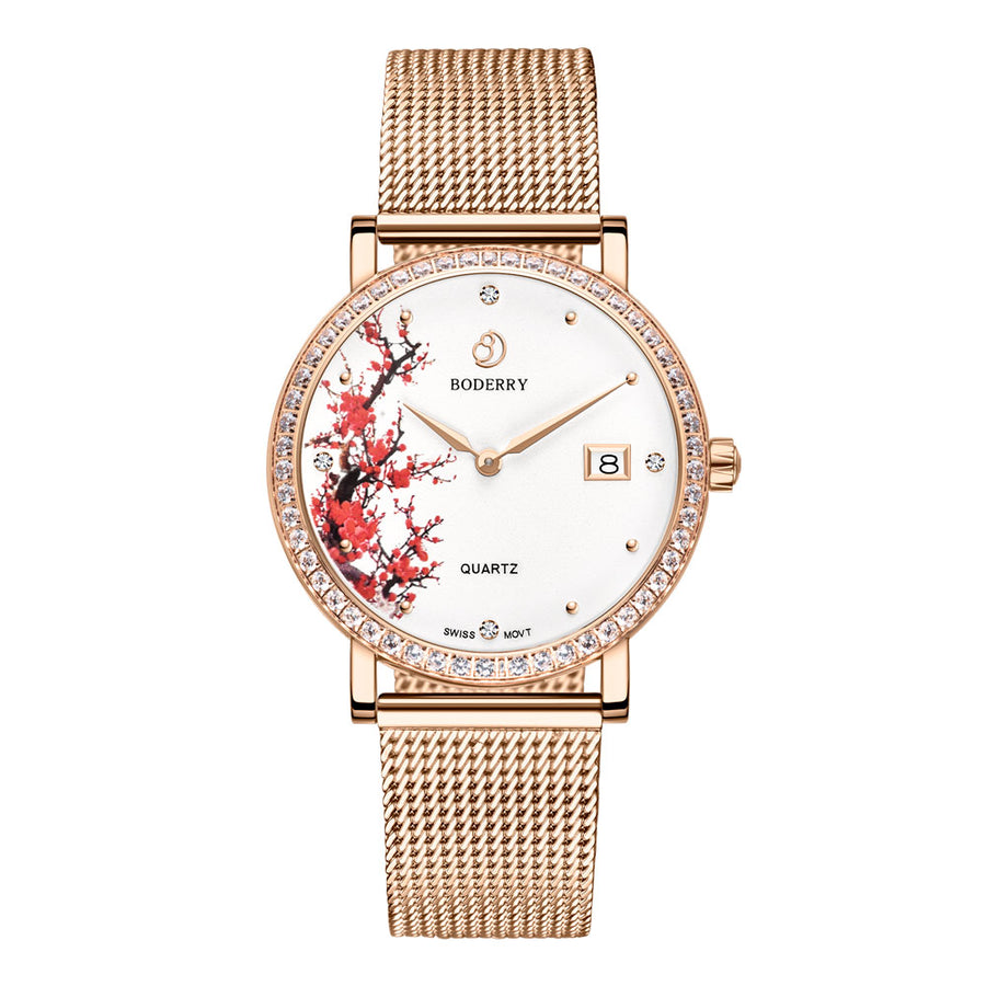 Boderry Watch Co. FLOWER - Swiss Quartz Movement Watch | Rose Gold & Plum Blossom
