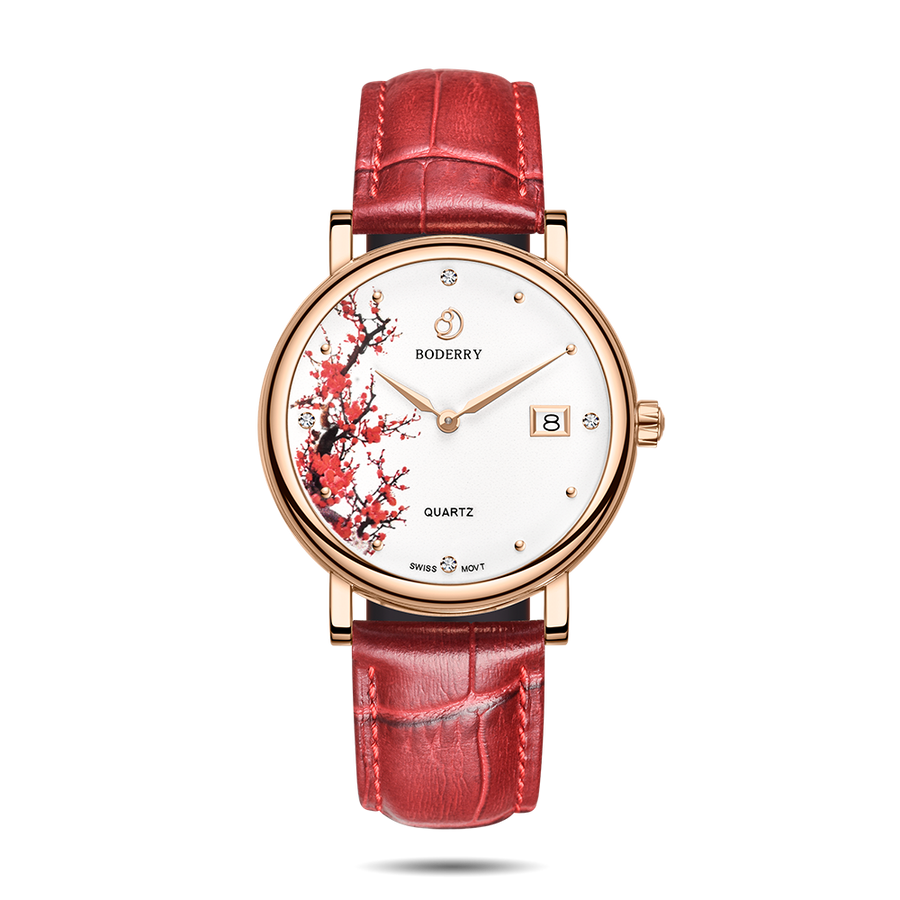 Boderry Watch Co. FLOWER - Swiss Quartz Movement Watch | Rose Gold & Plum Blossom