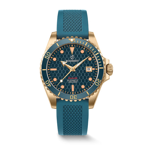 Boderry Watch Co. SEATURTLE.OCEAN(BRONZE) - Automatic Bronze Diver Watch | Sea Blue/FKM Rubber