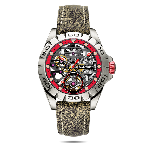 Boderry Watch Co. URBAN SKELETON(TITANIUM)- 3-Hand Hi-beat(28,800 bph) with 72 hrs Power-reserve Automatic Titanium Watch | Olivegreen Leather Strap