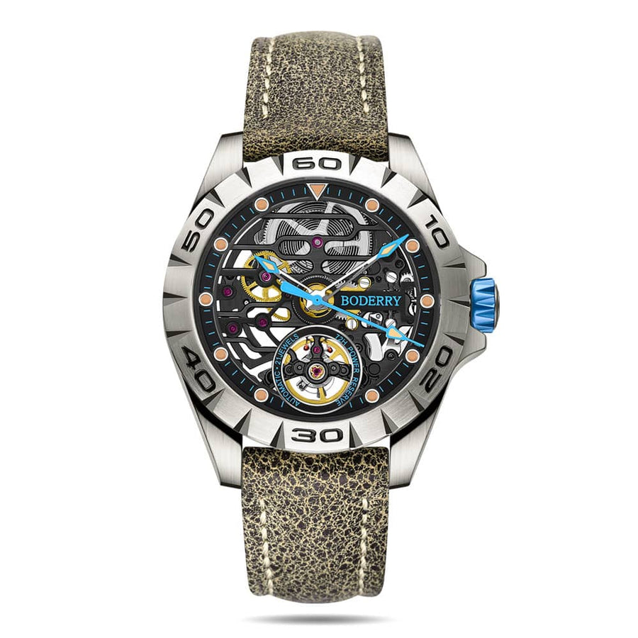 Boderry Watch Co. URBAN SKELETON(TITANIUM) Ver 2.0-Silver Hands - 3-Hand Hi-beat(28,800 bph) with 72 hrs Power-reserve Automatic Watch | Blue Dial