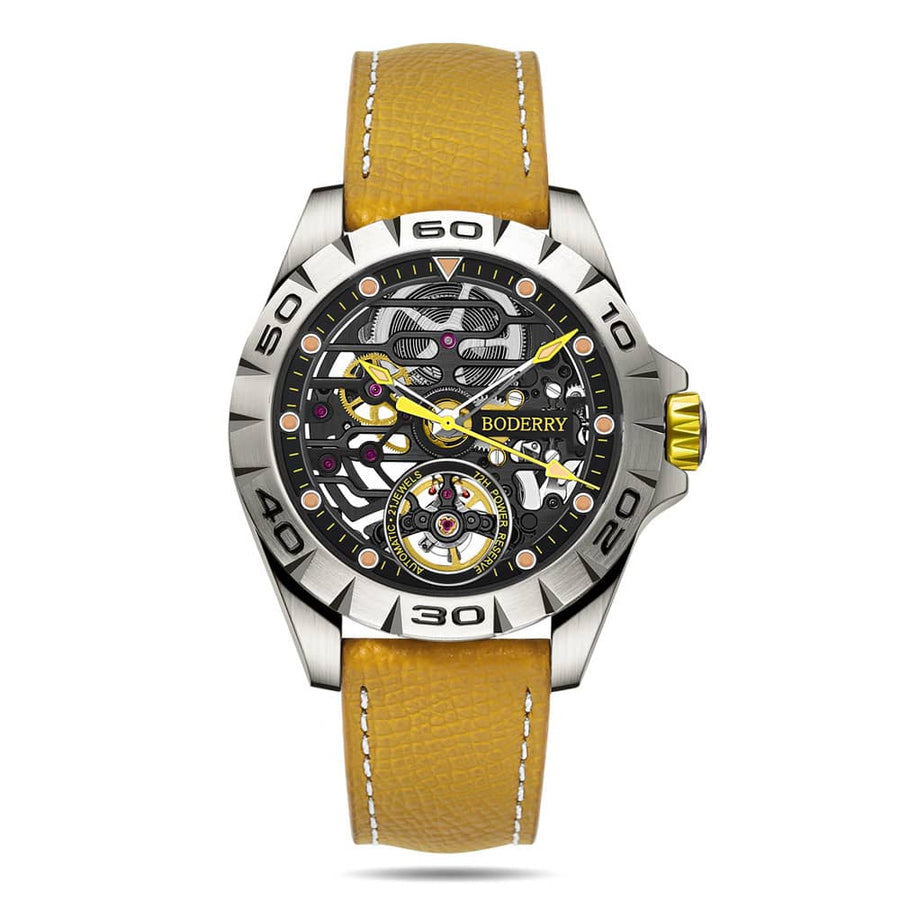 Boderry Watch Co. URBAN SKELETON(TITANIUM) Ver 2.0-Silver Hands - 3-Hand Hi-beat(28,800 bph) with 72 hrs Power-reserve Automatic Watch | Yellow Dial