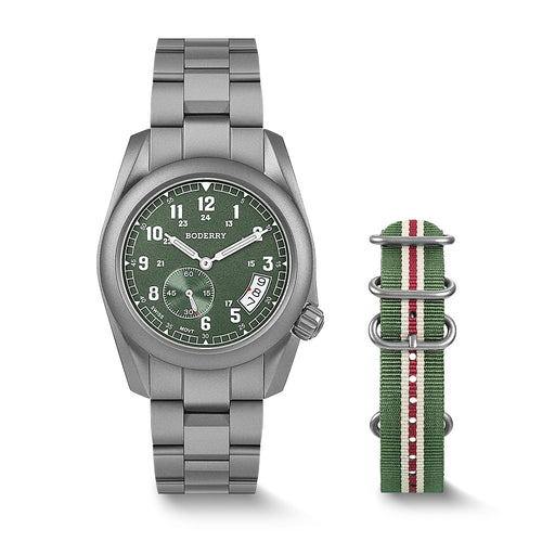 Boderry Watch Co. VOYAGER 38 - 100M Waterproof Titanium Field Watch | Green-bracelet