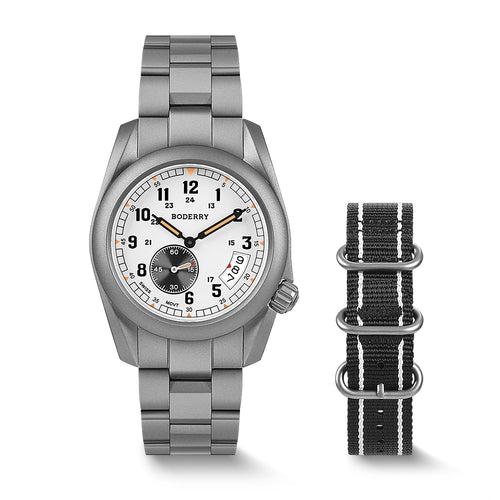 Boderry Watch Co. VOYAGER 38 - 100M Waterproof Titanium Field Watch | White-bracelet