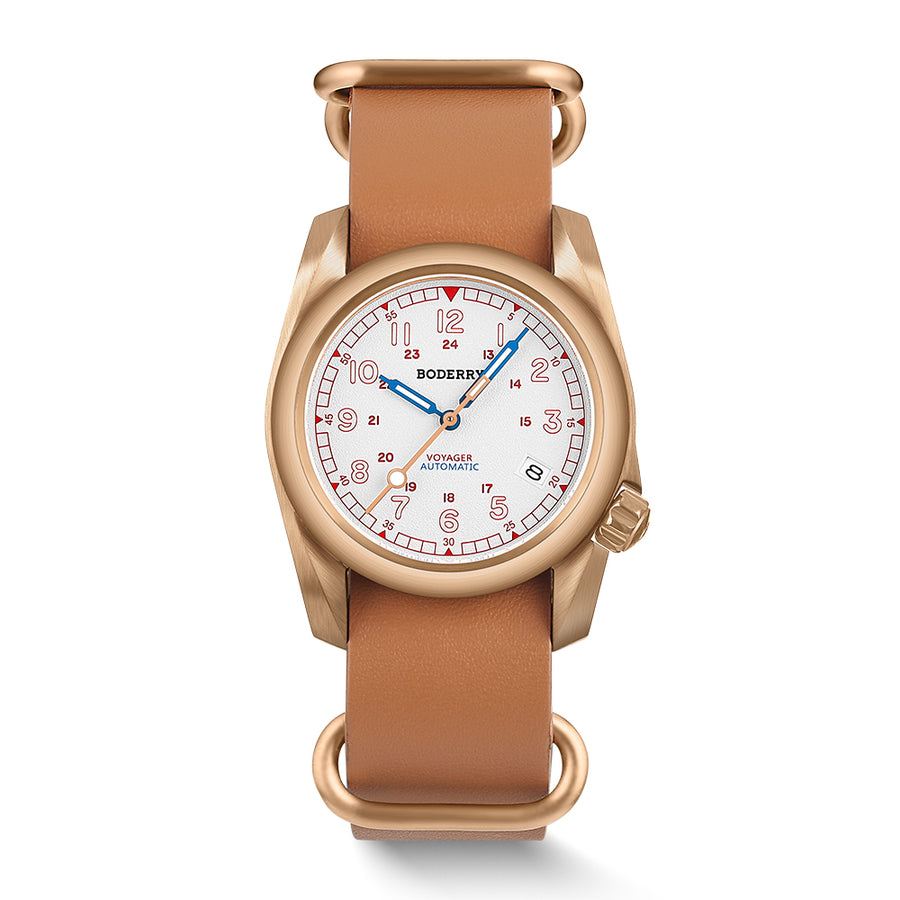 Boderry Watch Co. VOYAGER - 100M Waterproof Bronze Automatic Field Watch | White