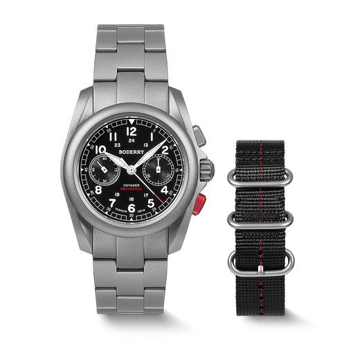 Boderry Watch Co. VOYAGER Chronograph - Titanium Mechanical Field Watch, 100M Water Resistant | Black/Bracelet