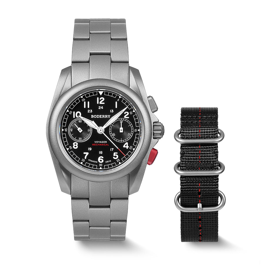 Boderry Watch Co. VOYAGER Chronograph - Titanium Mechanical Field Watch, 100M Water Resistant | Black/Bracelet