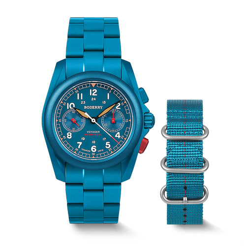 Boderry Watch Co. VOYAGER Chronograph - Titanium Mechanical Field Watch, 100M Water Resistant | Cerulean Blue/Bracelet