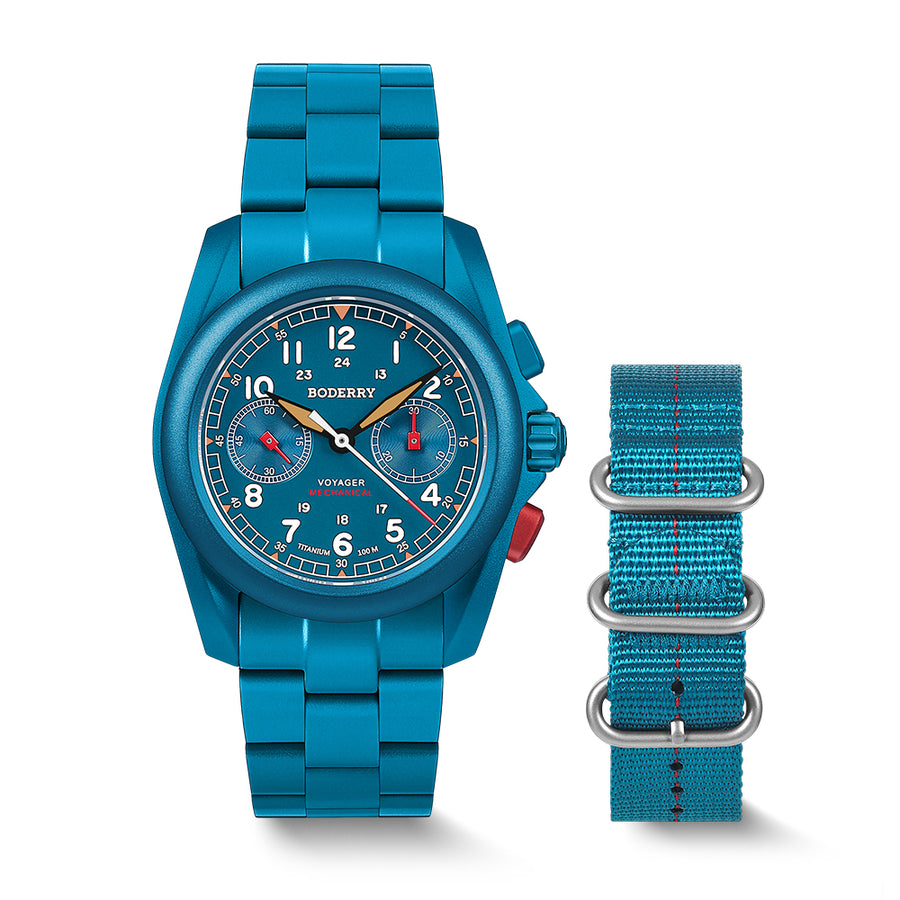 Boderry Watch Co. VOYAGER Chronograph - Titanium Mechanical Field Watch, 100M Water Resistant | Cerulean Blue/Bracelet