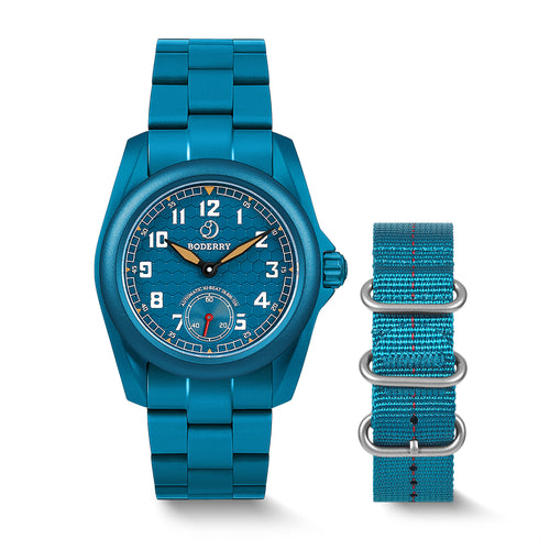 Boderry Watch Co. VOYAGER S72 – 72-Hour Power Reserve Titanium Automatic Field Watch, 100M Water Resistant | Cerulean Blue/Bracelet