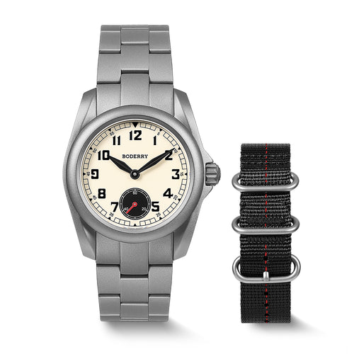 Boderry Watch Co. VOYAGER S72 – 72-Hour Power Reserve Titanium Automatic Field Watch, 100M Water Resistant | Cream/Bracelet
