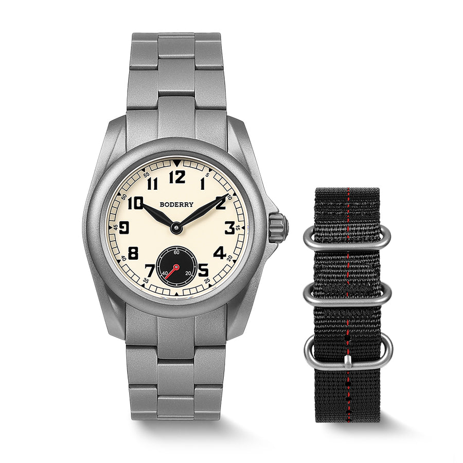 Boderry Watch Co. VOYAGER S72 – 72-Hour Power Reserve Titanium Automatic Field Watch, 100M Water Resistant | Cream/Bracelet