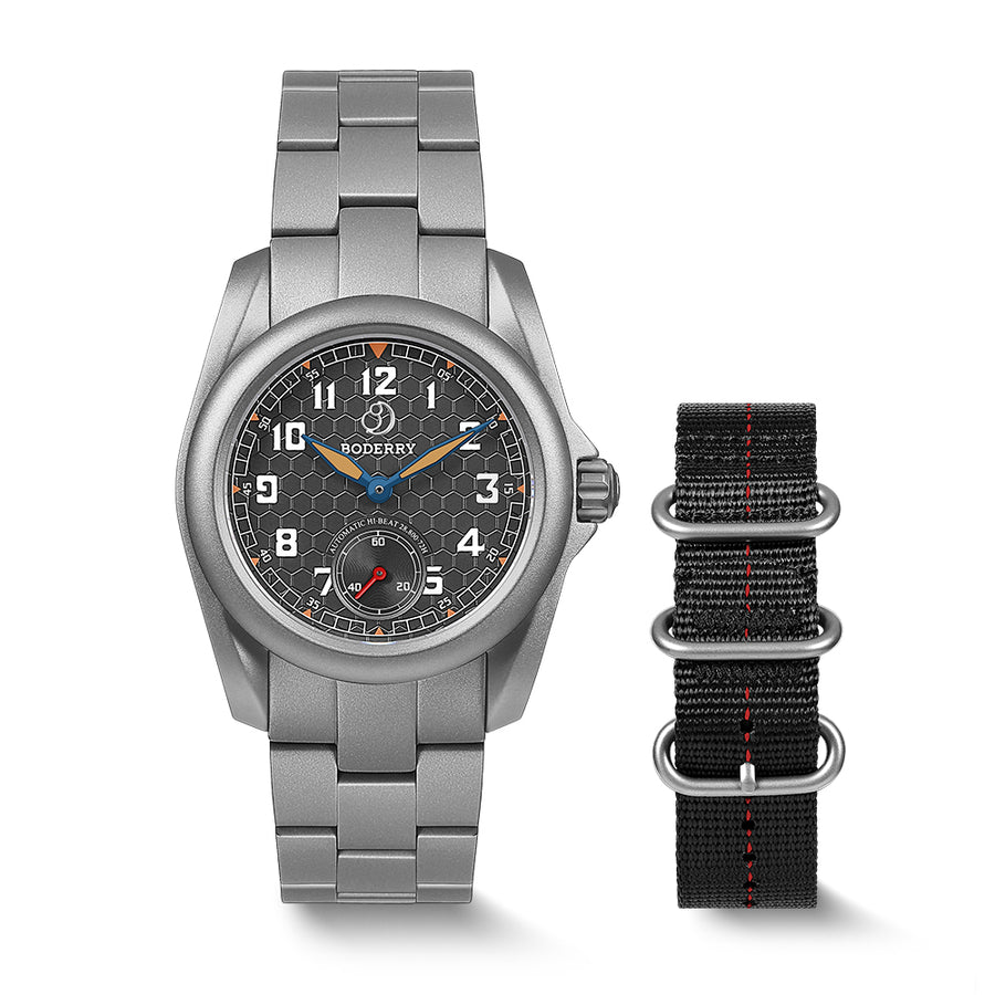 Boderry Watch Co. VOYAGER S72 – 72-Hour Power Reserve Titanium Automatic Field Watch, 100M Water Resistant | Grey/Bracelet