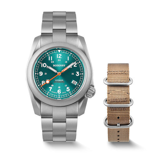 Boderry Watch Co. VOYAGER - 100M Waterproof Titanium Automatic Field Watch | Peacock Green-bracelet