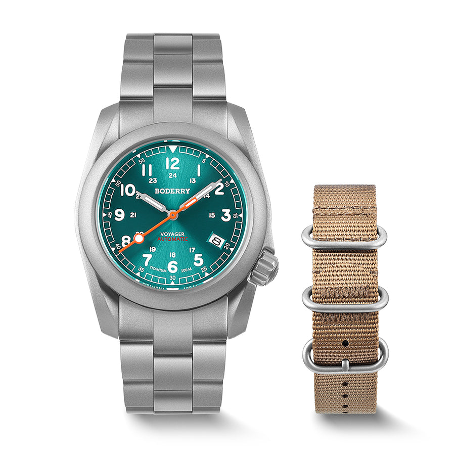 Boderry Watch Co. VOYAGER - 100M Waterproof Titanium Automatic Field Watch | Peacock Green-bracelet