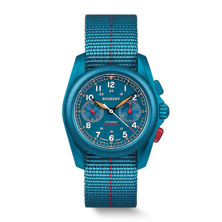Boderry Watch Co. VOYAGER Chronograph - Titanium Mechanical Field Watch, 100M Water Resistant | Cerulean Blue