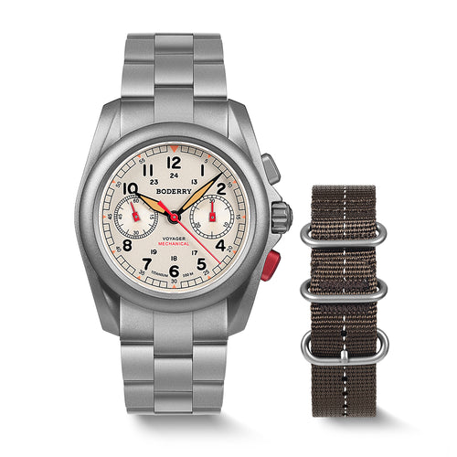 Boderry Watch Co. VOYAGER Chronograph - Titanium Mechanical Field Watch, 100M Water Resistant | Cream/Bracelet