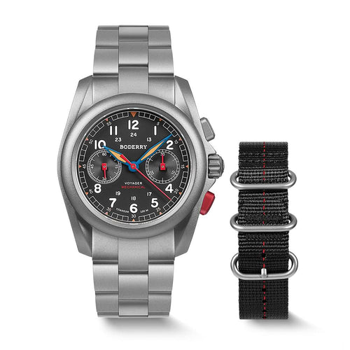 Boderry Watch Co. VOYAGER Chronograph - Titanium Mechanical Field Watch, 100M Water Resistant | Grey/Bracelet