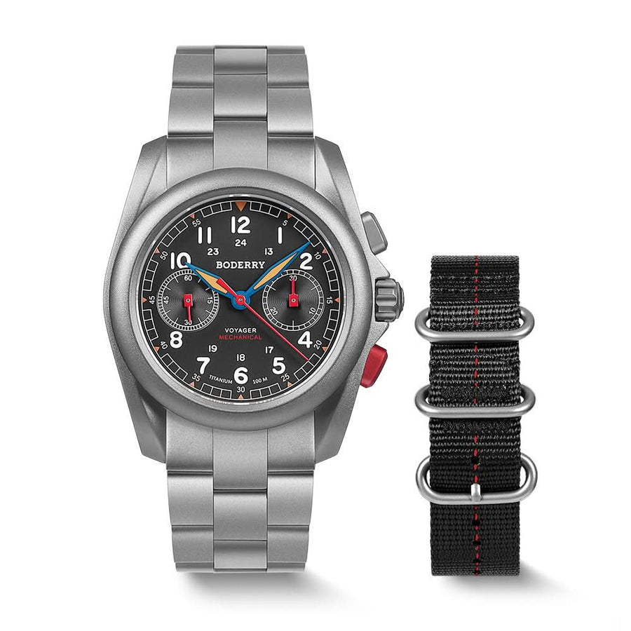 Boderry Watch Co. VOYAGER Chronograph - Titanium Mechanical Field Watch, 100M Water Resistant | Grey/Bracelet