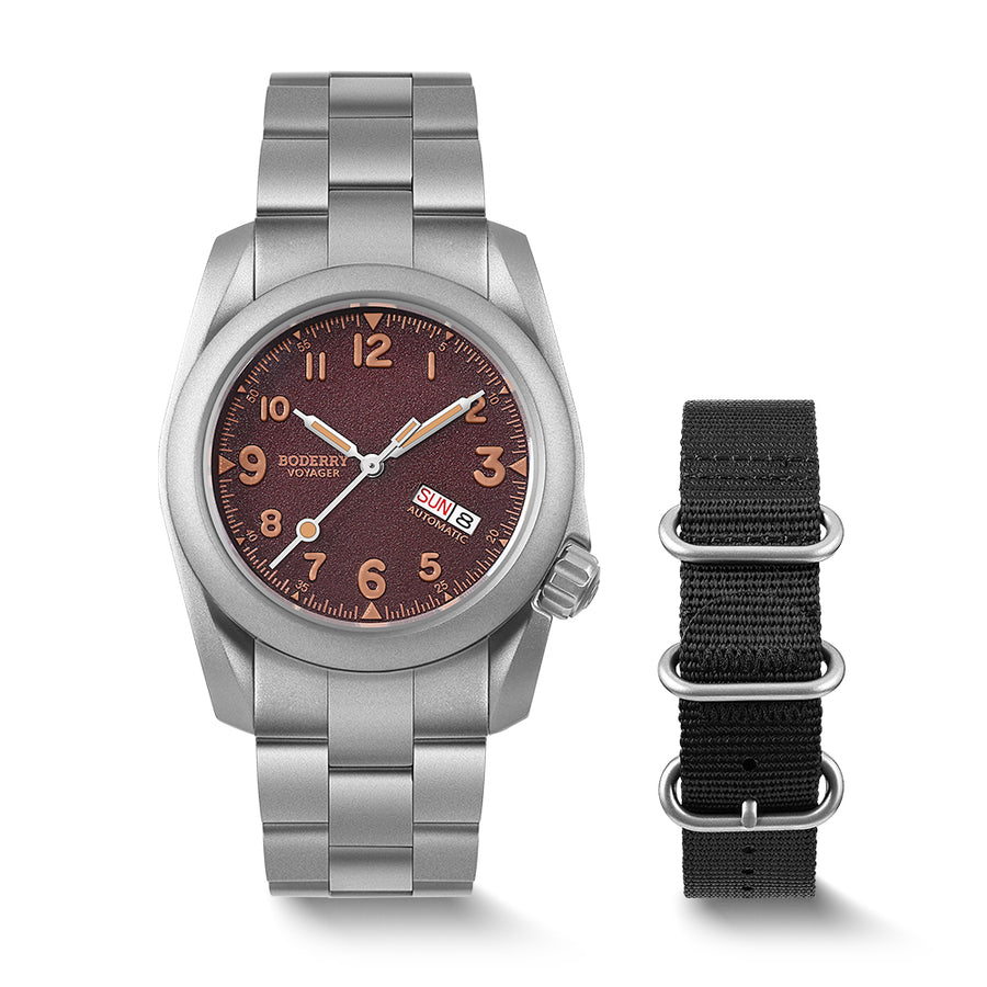 Boderry Watch Co. VOYAGER - 100M Waterproof Titanium Automatic Field Watch | Claret-bracelet