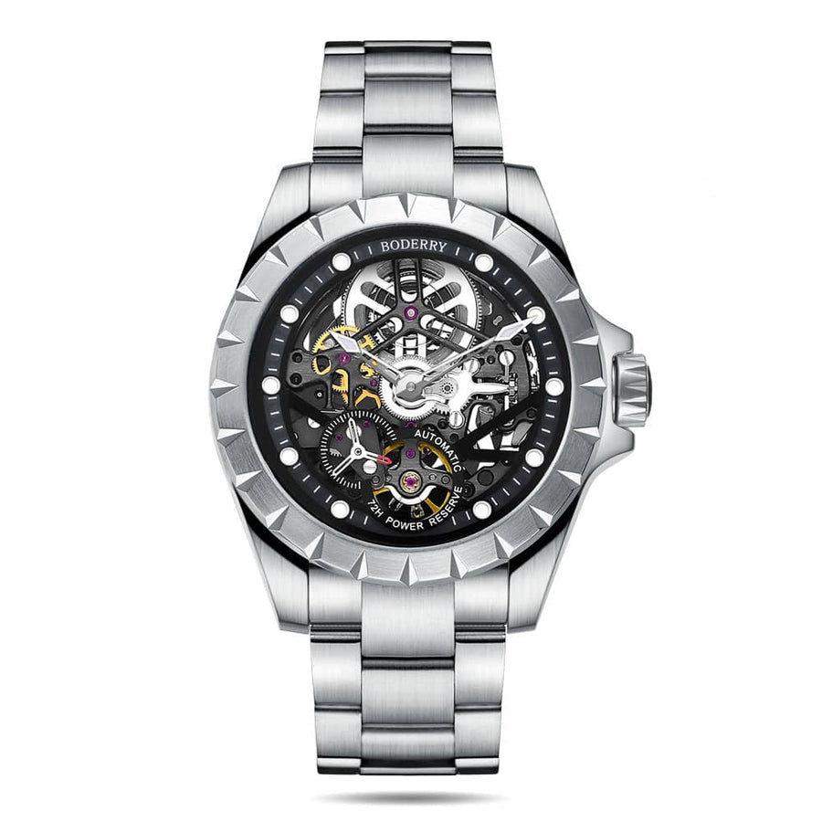 Boderry Watch Co. WINDMILL - Original Skeleton Hi-beat(28,800 bph) with 72 hrs Power-reserve Automatic Watch | Black Dial & Bracelet