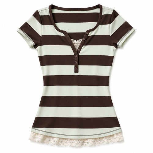 Boogzel Apparel 2000s Brown & Blue Striped Henley Top