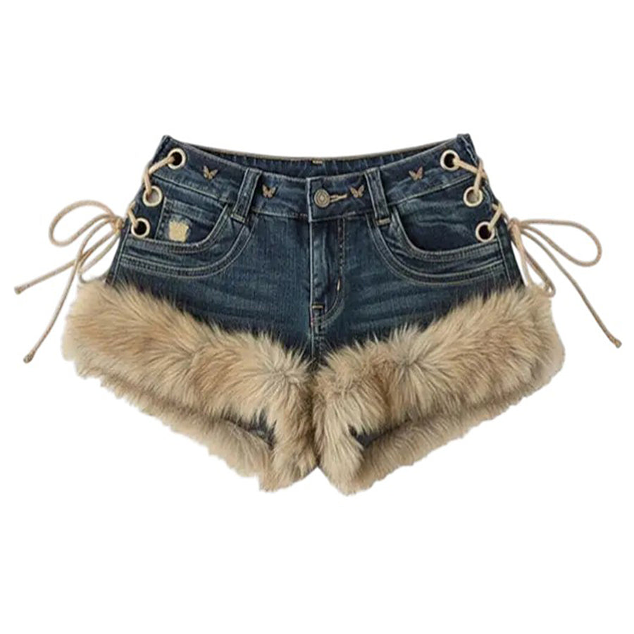 Boogzel Apparel 2000s Fur Trim Denim Shorts