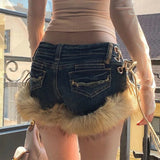 Boogzel Apparel 2000s Fur Trim Denim Shorts, view 5