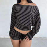 Boogzel Apparel 2000s One-Shoulder Top & Striped Shorts Set, view 2