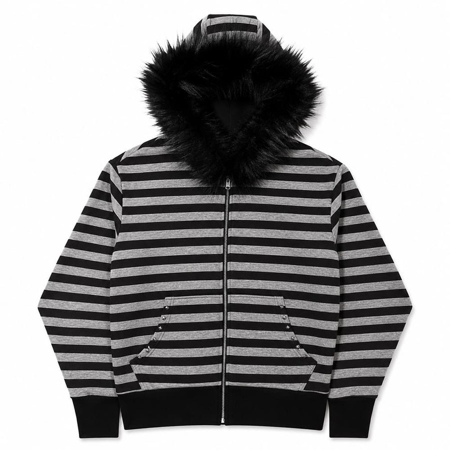 Boogzel Apparel 2000s Striped Faux Fur Zip-Up Hoodie