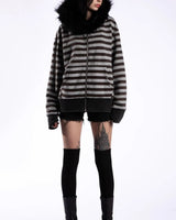 Boogzel Apparel 2000s Striped Faux Fur Zip-Up Hoodie, view 4