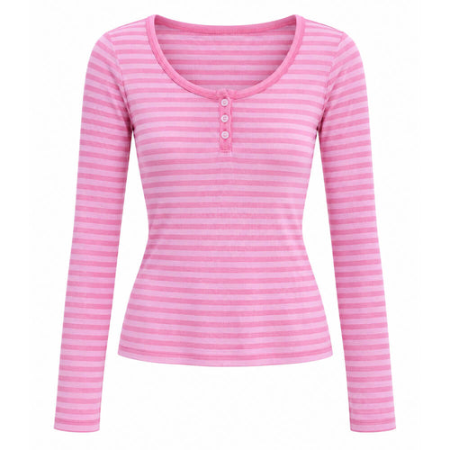 Boogzel Apparel 2000s Striped Henley Long Sleeve Top