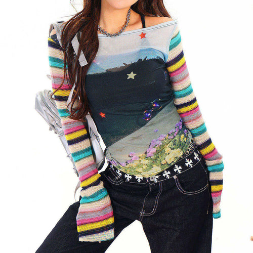 Boogzel Apparel 2010's Aesthetic Stripe Sleeve Mesh Top