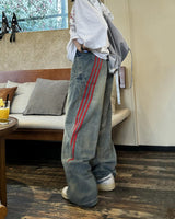 Boogzel Apparel 90s Style Wide Red Stripe Jeans, view 4