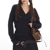 Boogzel Apparel Aesthetic Loose Fit Button V-Neck Top, view 5