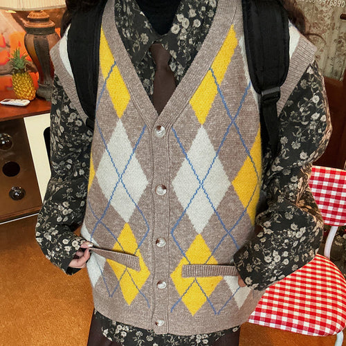 Boogzel Apparel Argyle Button Up Grandpa Knit Vest