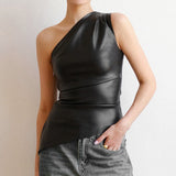 Boogzel Apparel Asymmetric One Shoulder Leather Top, view 3