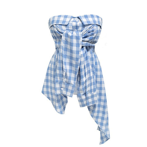 Boogzel Apparel Baby Blue Plaid Off Shoulder Shirt
