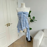 Boogzel Apparel Baby Blue Plaid Off Shoulder Shirt, view 3