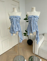 Boogzel Apparel Baby Blue Plaid Off Shoulder Shirt, view 4
